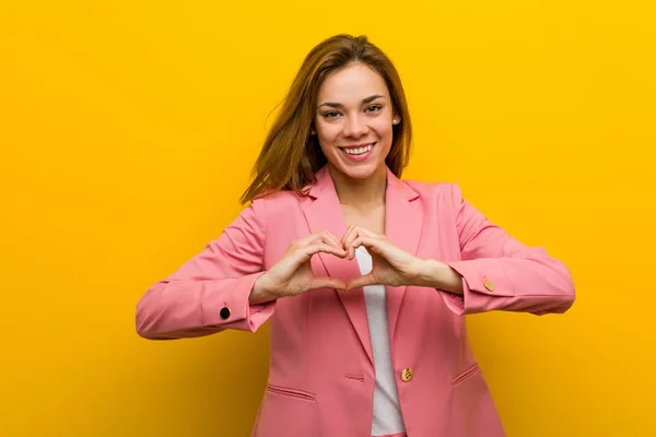 Young Fashion Business Woman Smiling Showing Heart Shape Her Hands — 스톡 사진