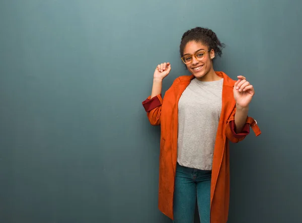 Young Black African American Girl Blue Eyes Dancing Having Fun — 스톡 사진