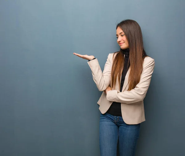 Young Business Woman Holding Something Palm Hand — Stock Photo, Image