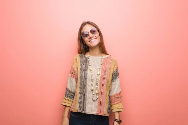 Young Hippie Woman Pink Background Cheerful Big Smile — 스톡 사진