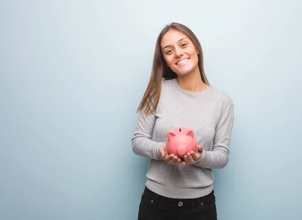 Young Pretty Caucasian Woman Cheerful Big Smile She Holding Piggy — Stock Photo, Image