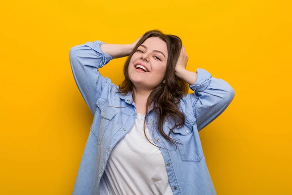 Young Curvy Size Woman Laughs Joyfully Keeping Hands Head Happiness — 스톡 사진