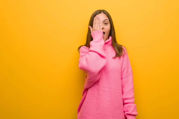 Young Modern Woman Shouting Happy Covering Face Hand — Stock Photo, Image