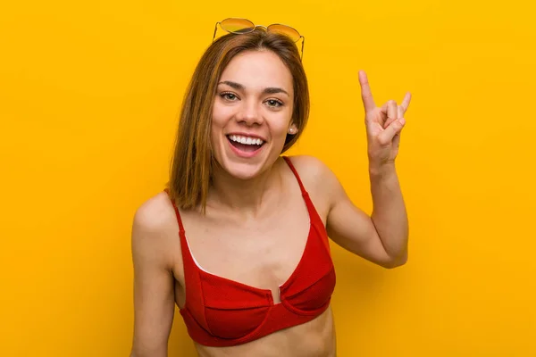 Young Caucasian Woman Wearing Bikini Sunglasses Showing Horns Gesture Revolution — Stock Photo, Image