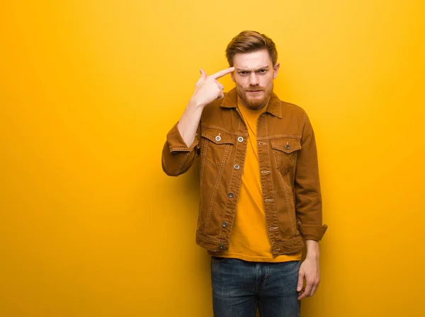 Young Redhead Man Doing Disappointment Gesture Finger — 스톡 사진