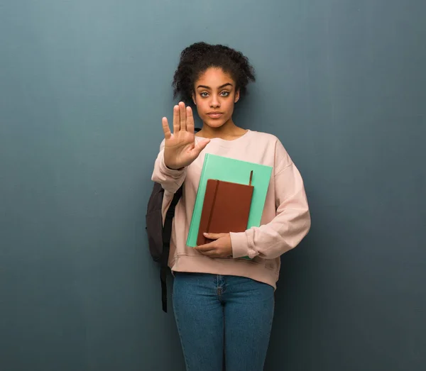 Young Student Black Woman Putting Hand Front She Holding Books — Stock Photo, Image