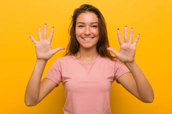 Young European Woman Isolated Yellow Background Showing Number Ten Hands — 스톡 사진