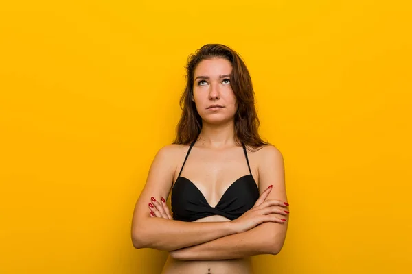 Young European Woman Wearing Bikini Tired Repetitive Task — 스톡 사진