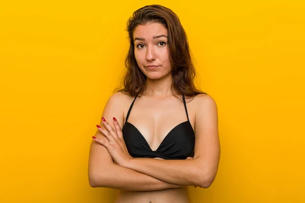 Young European Woman Wearing Bikini Unhappy Looking Camera Sarcastic Expression — 스톡 사진