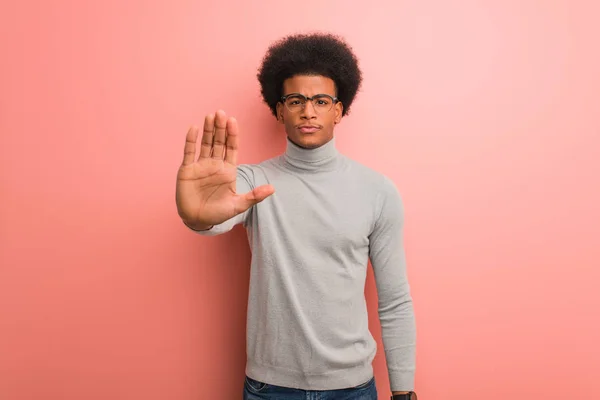 Young African American Man Pink Wall Putting Hand Front — Stock Photo, Image