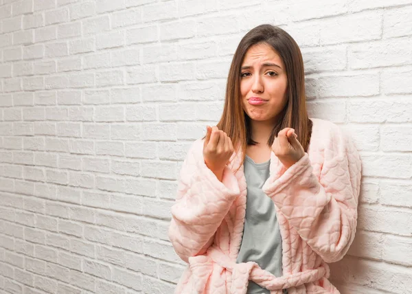 Young Woman Wearing Pajama Doing Gesture Need — Stock Photo, Image