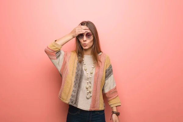 Young Hippie Woman Pink Background Worried Overwhelmed — Stock Photo, Image