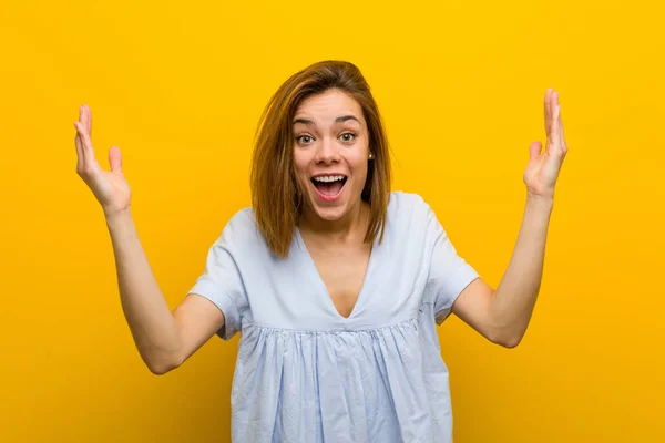 Young Pretty Young Woman Receiving Pleasant Surprise Excited Raising Hands — 스톡 사진