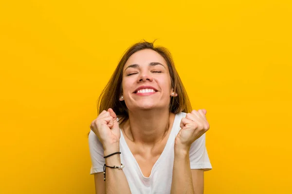 Young Natural Caucasian Woman Raising Fist Feeling Happy Successful Victory — 스톡 사진
