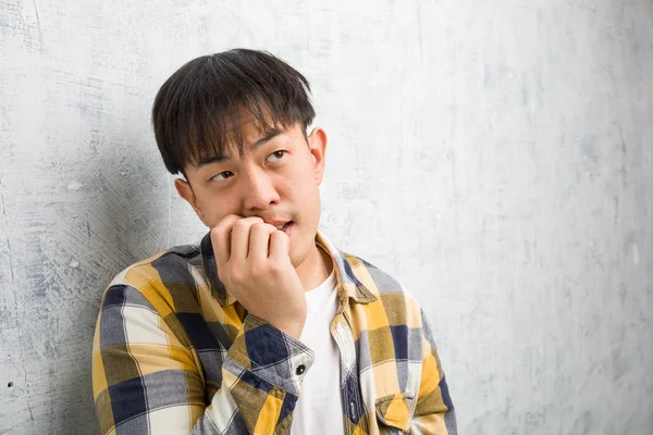 Young Chinese Man Face Closeup Relaxed Thinking Something Looking Copy — Stock Photo, Image
