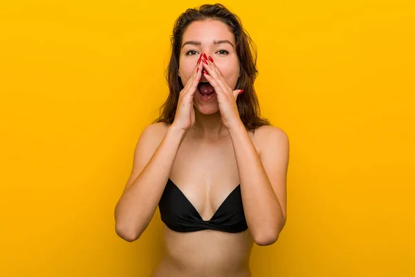 Young European Woman Wearing Bikini Shouting Excited Front — 스톡 사진