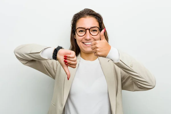 Young European Business Woman Showing Thumbs Thumbs Difficult Choose Concept — 스톡 사진
