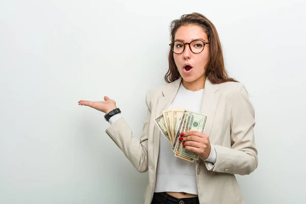 Young European Business Woman Holding Dollar Banknotes Impressed Holding Copy — Stock Photo, Image