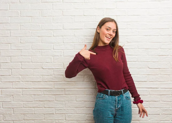 Young Cool Woman Bricks Wall Person Pointing Hand Shirt Copy — Stock Photo, Image