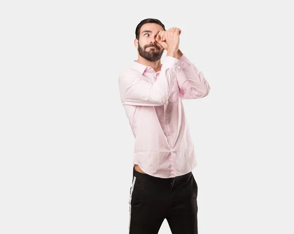 Young Handsome Man Making Gesture Spyglass — Stock Photo, Image