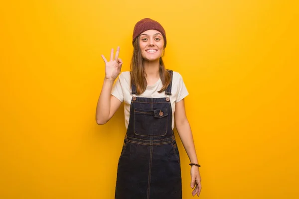Young Hipster Woman Cheerful Confident Doing Gesture — 스톡 사진