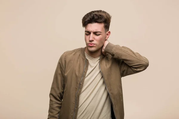 Young Caucasian Man Wearing Brown Jacket Suffering Neck Pain Due — 스톡 사진
