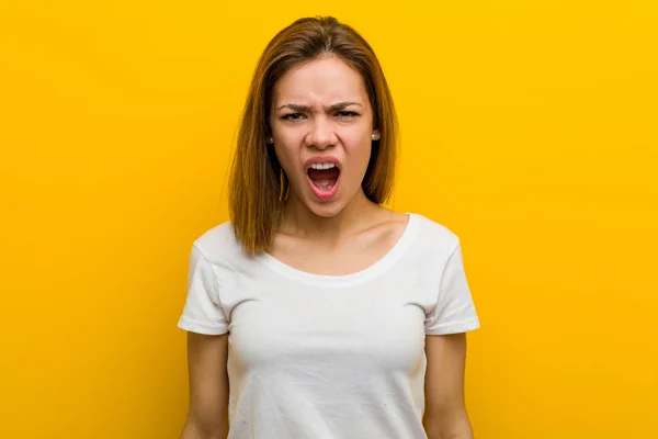 Young Natural Caucasian Woman Screaming Very Angry Aggressive — Stok fotoğraf