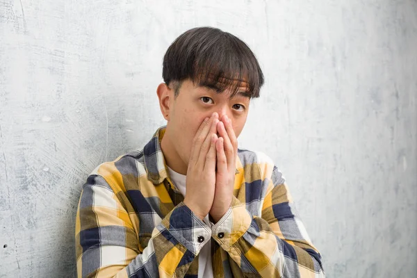 Young Chinese Man Face Closeup Very Scared Afraid Hidden — 스톡 사진