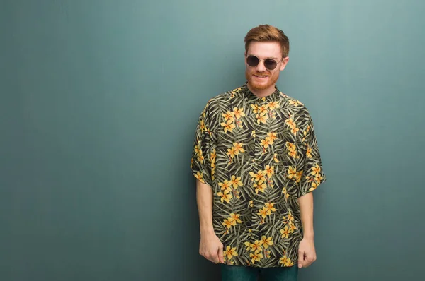 Young Redhead Man Wearing Exotic Summer Clothes Winking Funny Friendly — 스톡 사진