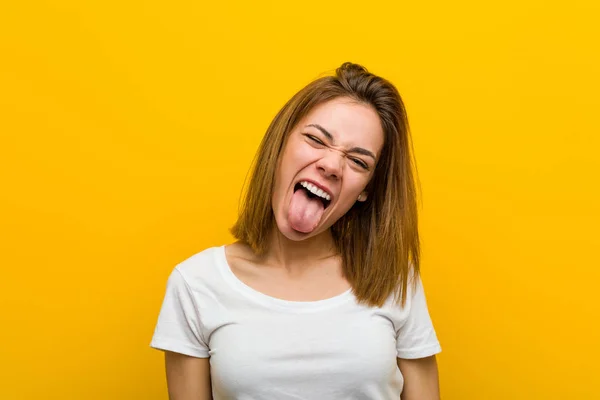 Young Natural Caucasian Woman Funny Friendly Sticking Out Her Tongue — 스톡 사진