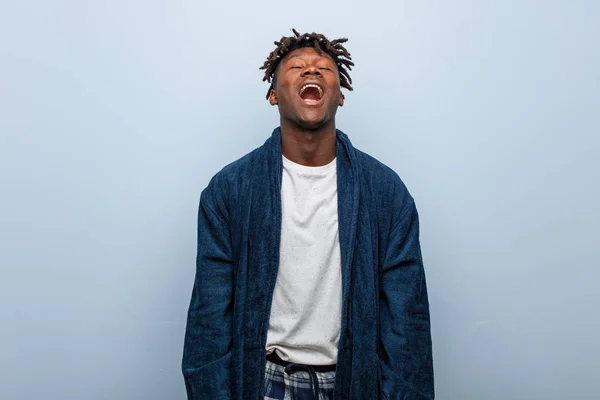 Young African Black Man Wearing Pajama Relaxed Happy Laughing Neck — 스톡 사진