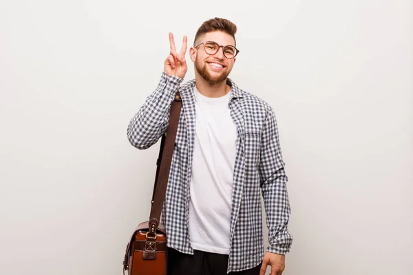 Young Modern Business Man Showing Victory Sign Smiling Broadly — 스톡 사진