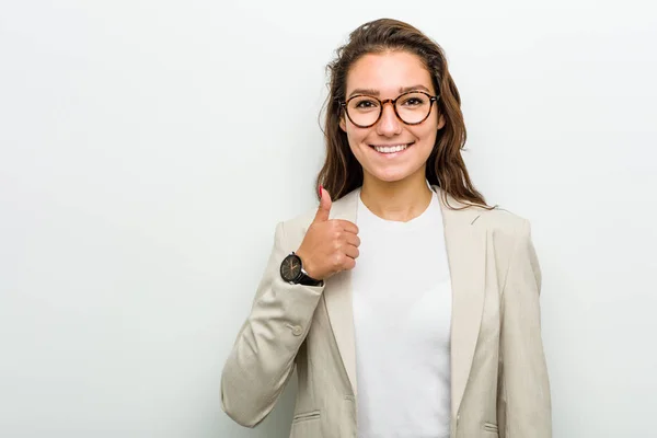 Young European Business Woman Smiling Raising Thumb — 스톡 사진