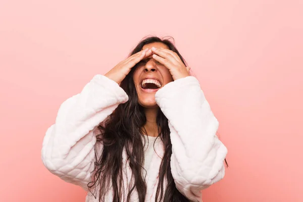 Young Indian Woman Wearing Pajama Covers Eyes Hands Smiles Broadly — Stock Photo, Image