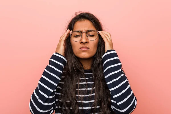 Young Intellectual Indian Woman Touching Temples Having Headache — Stock Photo, Image