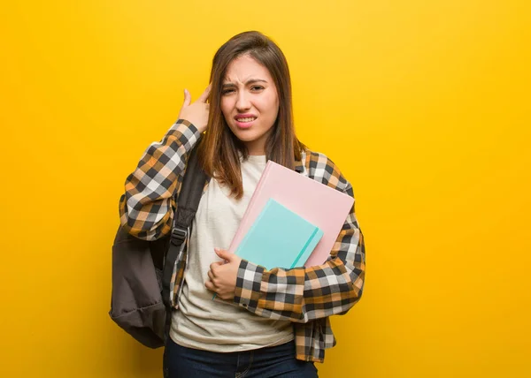 Young Student Woman Doing Disappointment Gesture Finger — 스톡 사진