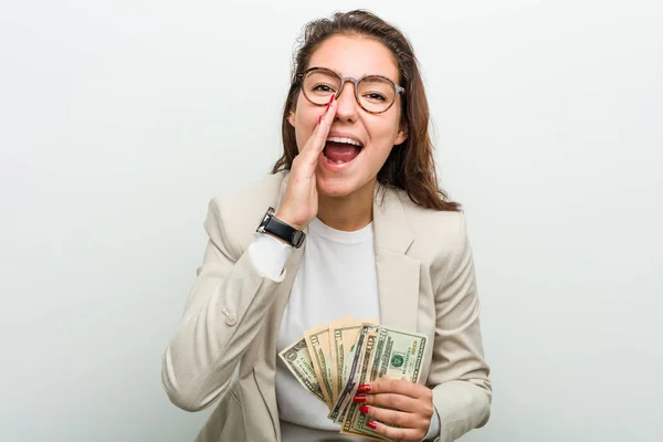 Young European Business Woman Holding Dollar Banknotes Shouting Excited Front — Stock Photo, Image