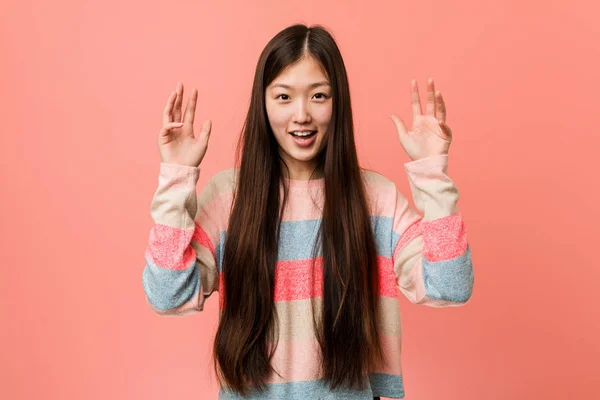 Young Cool Chinese Woman Receiving Pleasant Surprise Excited Raising Hands — 스톡 사진