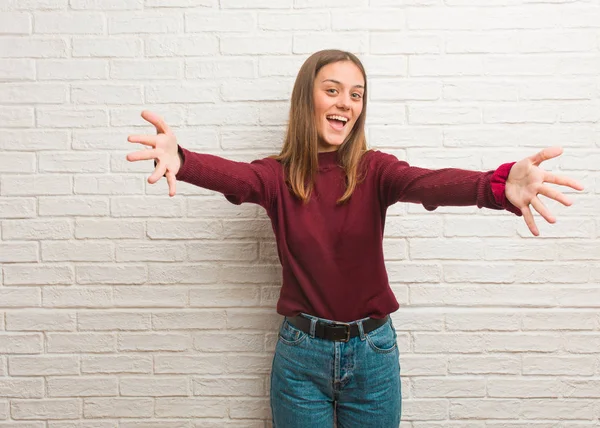 Young Cool Woman Bricks Wall Very Happy Giving Hug Front — 스톡 사진