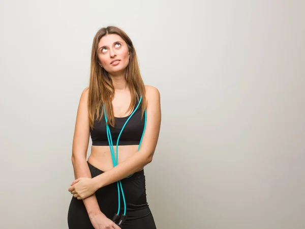 Young Fitness Russian Woman Tired Bored Holding Jump Rope — Stock Photo, Image