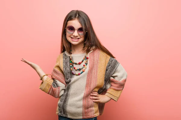 Little Hippie Girl Showing Copy Space Palm Holding Another Hand — Stock Photo, Image