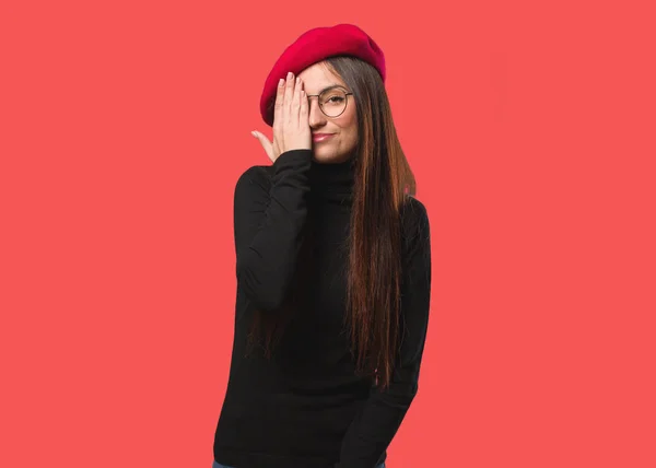 Young Artist Woman Shouting Happy Covering Face Hand — Stock Photo, Image