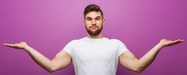 Young Handsome Caucasian Man Makes Scale Arms Feels Happy Confident — Stok fotoğraf