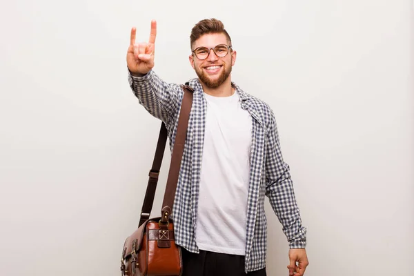 Young Modern Business Man Showing Horns Gesture Revolution Concept — 스톡 사진