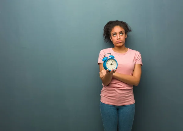 Young Black Woman Tired Bored She Holding Alarm Clock — 스톡 사진