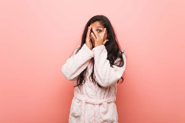 Young Indian Woman Wearing Pajama Blink Fingers Frightened Nervous — Stock Photo, Image