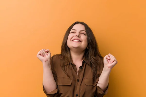 Young Curvy Russian Woman Raising Fist Feeling Happy Successful Victory — 스톡 사진