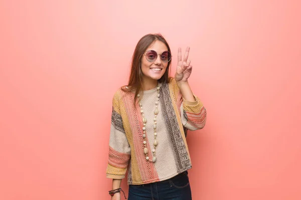 Young Hippie Woman Pink Background Fun Happy Doing Gesture Victory — 스톡 사진