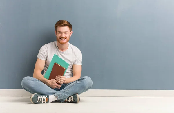 Young Redhead Student Man Sitting Floor Cheerful Big Smile Holding — Stock Photo, Image