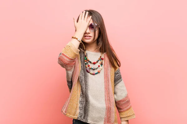 Little Hippie Girl Forgetting Something Slapping Forehead Palm Closing Eyes — Stock Photo, Image